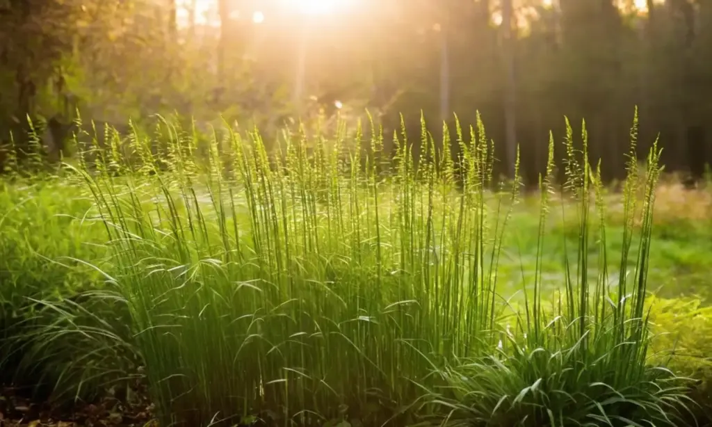 Equisetum vibrante en un bosque iluminado
