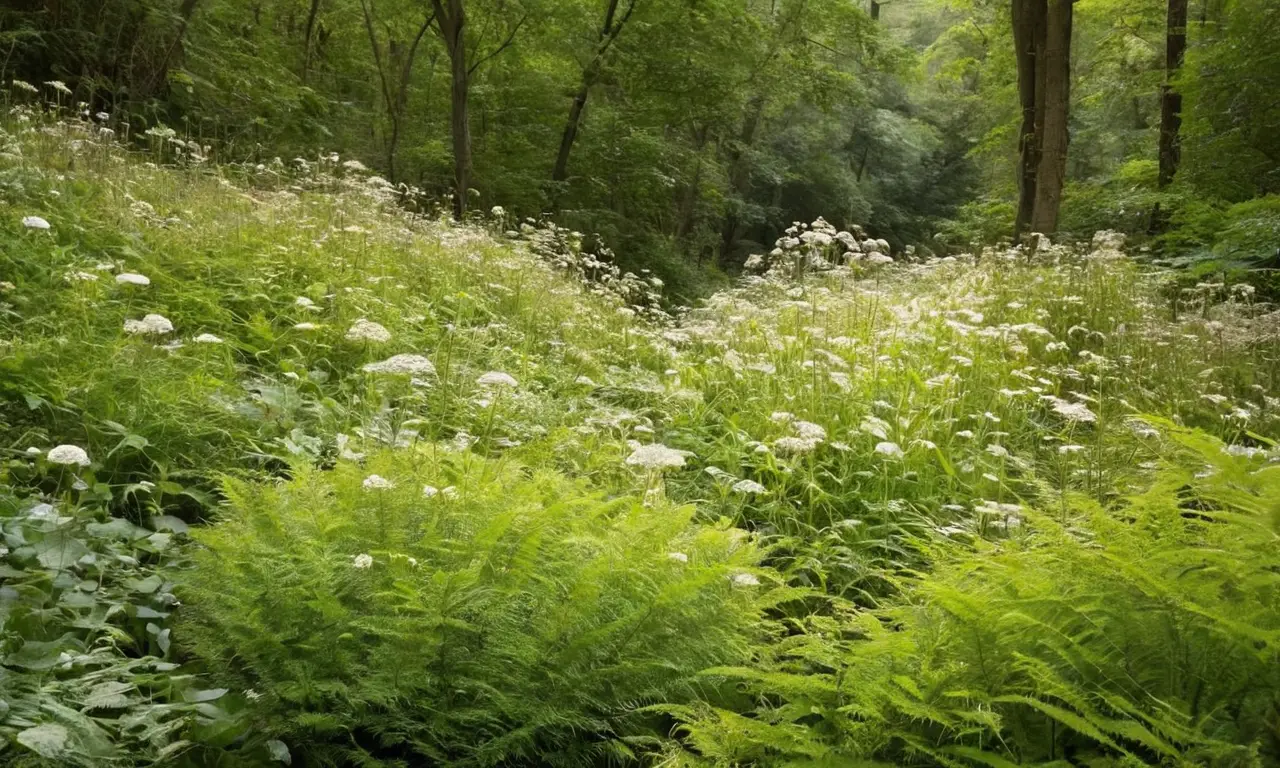 Bosque sereno con equisetos brillantes y flores