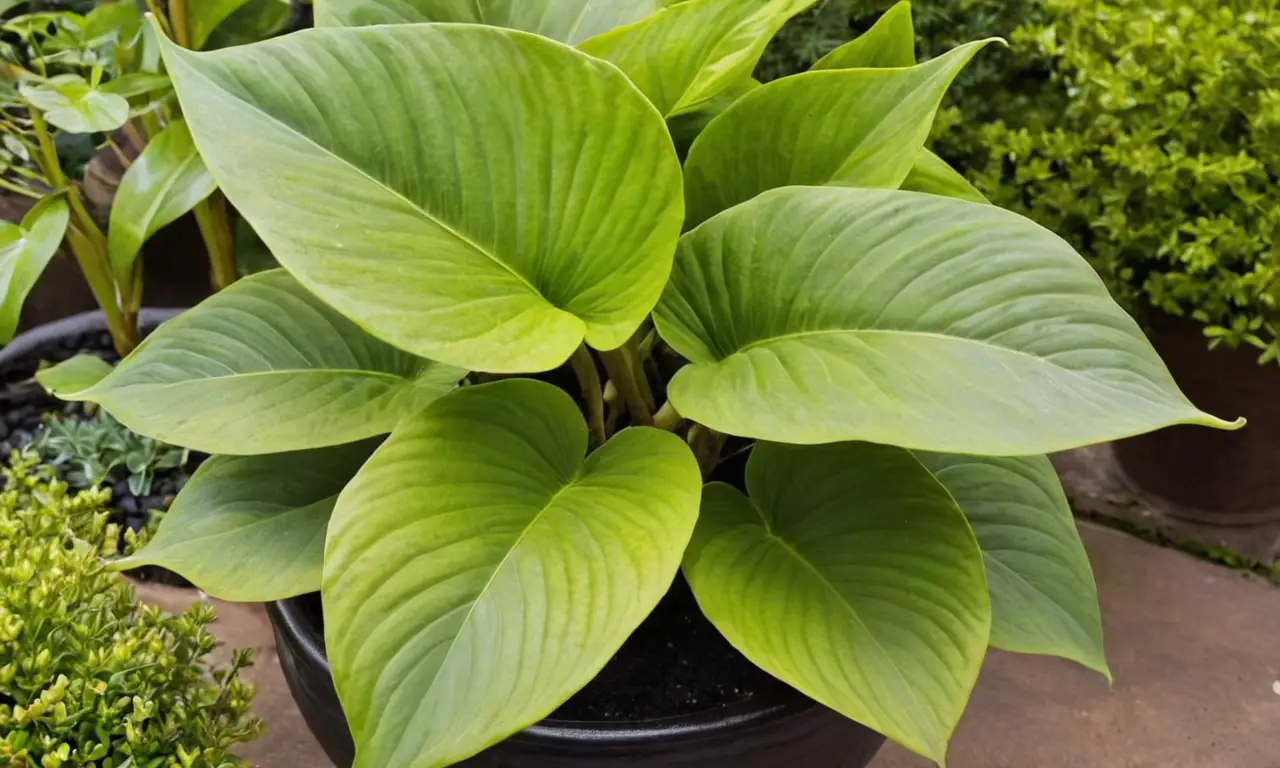 Planta elefante verde en maceta con flores