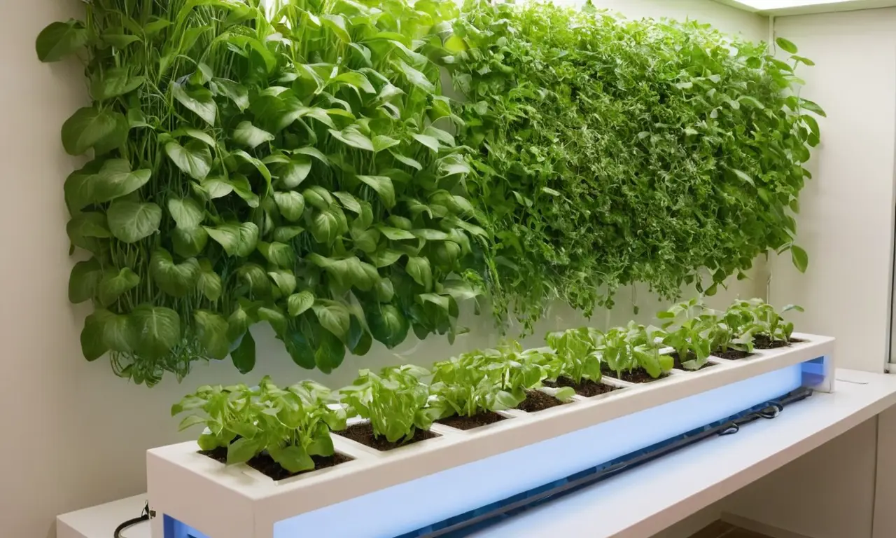 Hidroponía interior ordenada con plantas vibrantes