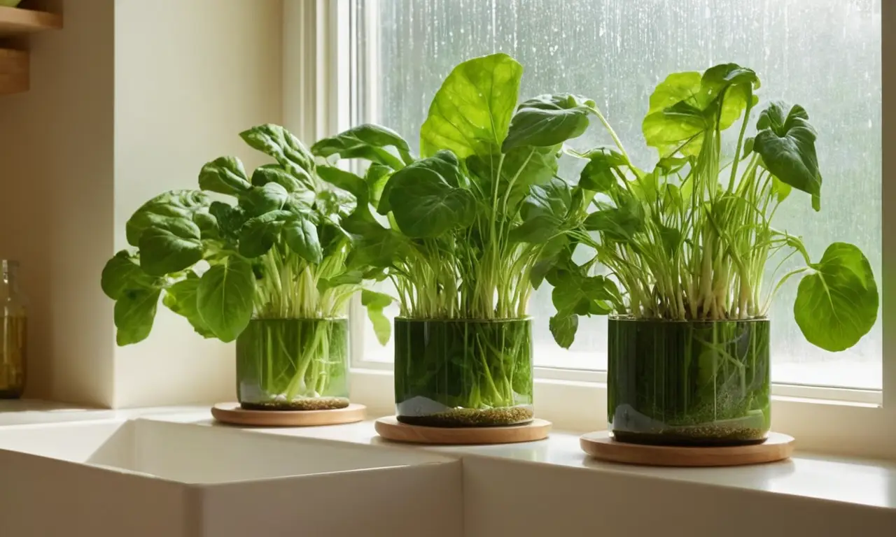 Vegetales verdes en hidroponía con luz suave