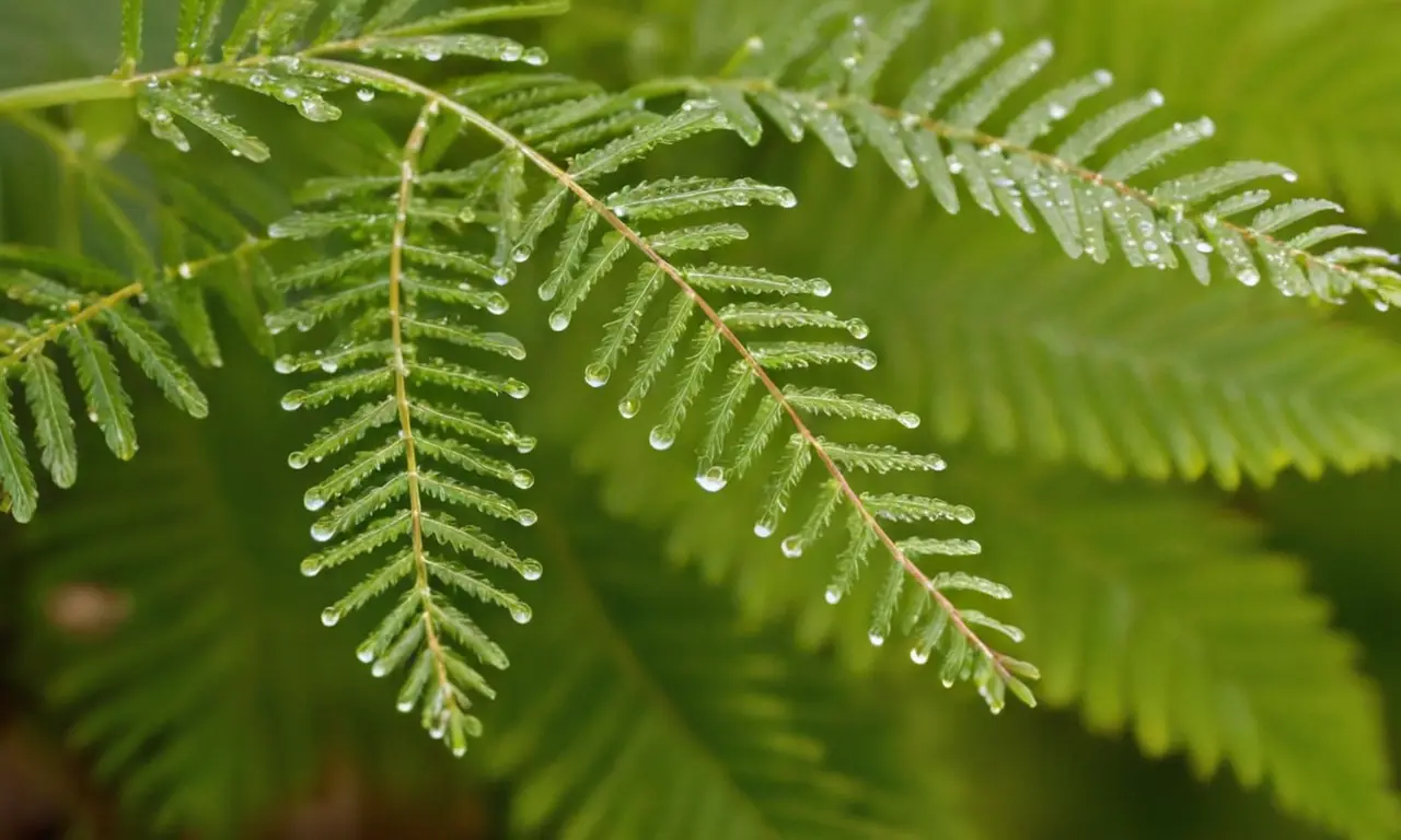 Mimosa pudica brilla entre hojas verdes