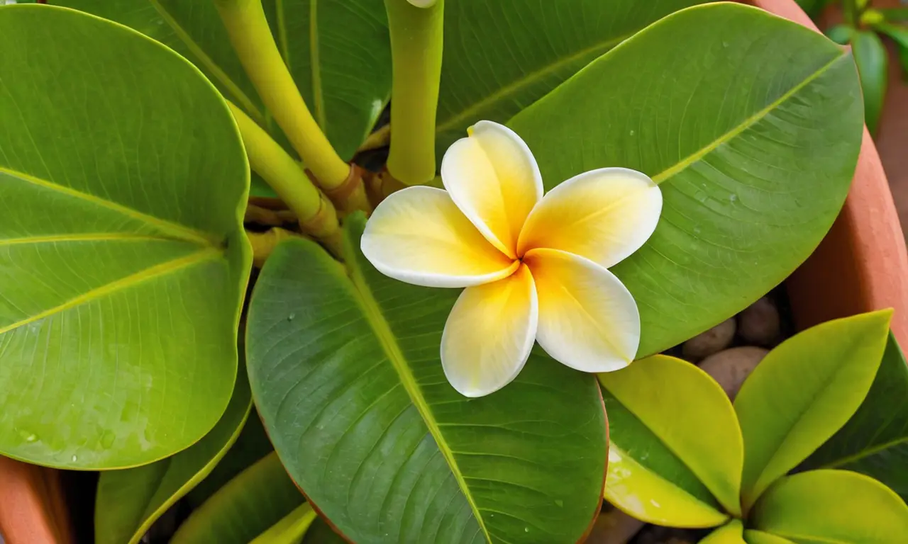 Hojas de plumeria brillantes y flores vibrantes
