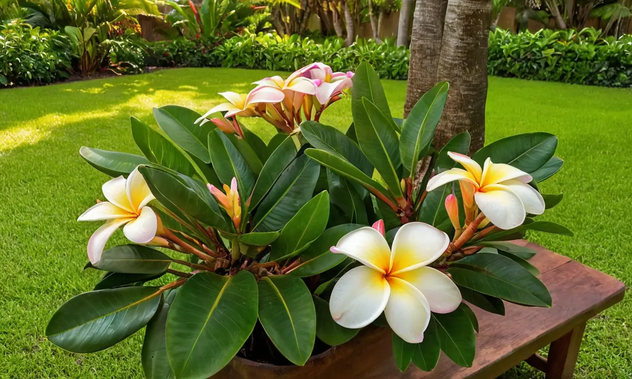 Jardín tropical vibrante lleno de Plumerias