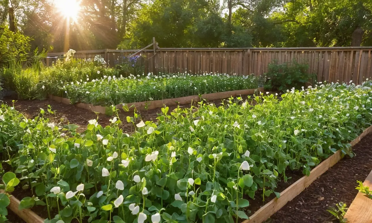 Huerto vibrante de saludables plantas de guisante