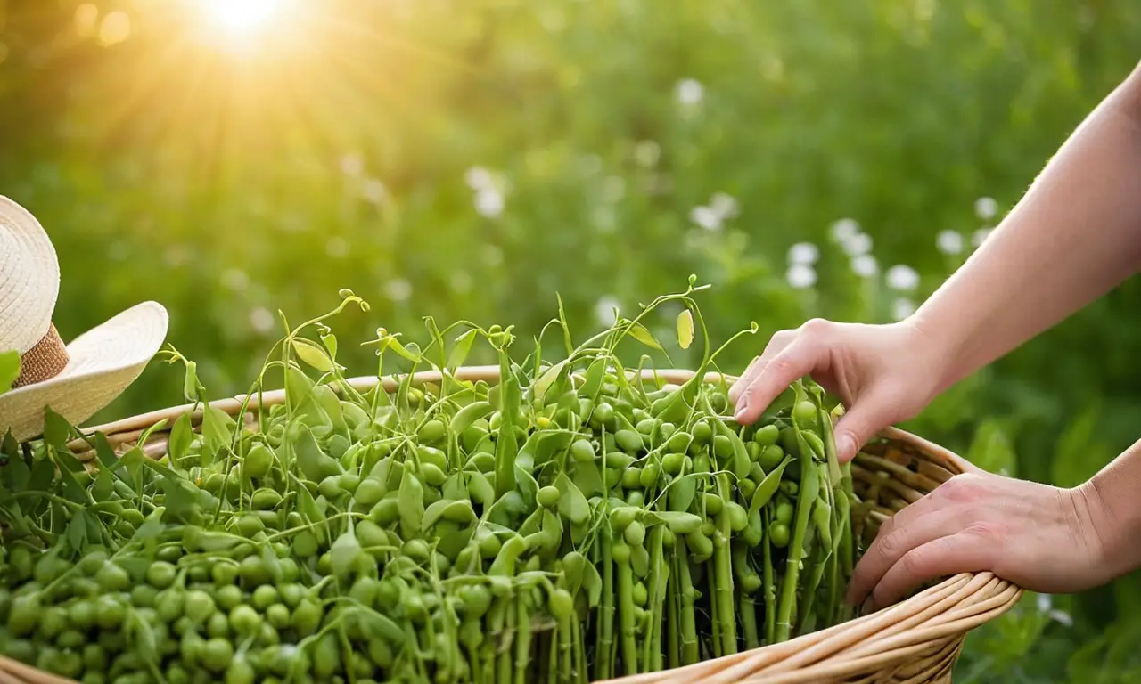 Jardineros cosechan verdes guisantes en abundancia