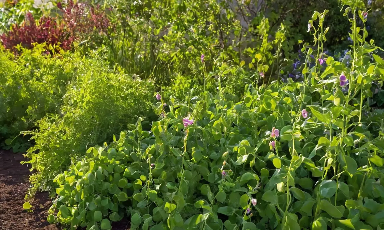 Huerto de guisantes con luz y naturaleza