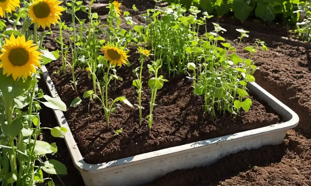 Jardín soleado con brotes verdes y tranquilidad