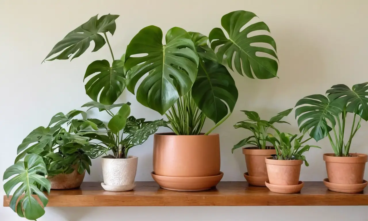Plantas de interior vibrantes en estante rústico