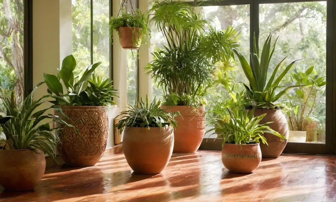Habitación iluminada con plantas y arte
