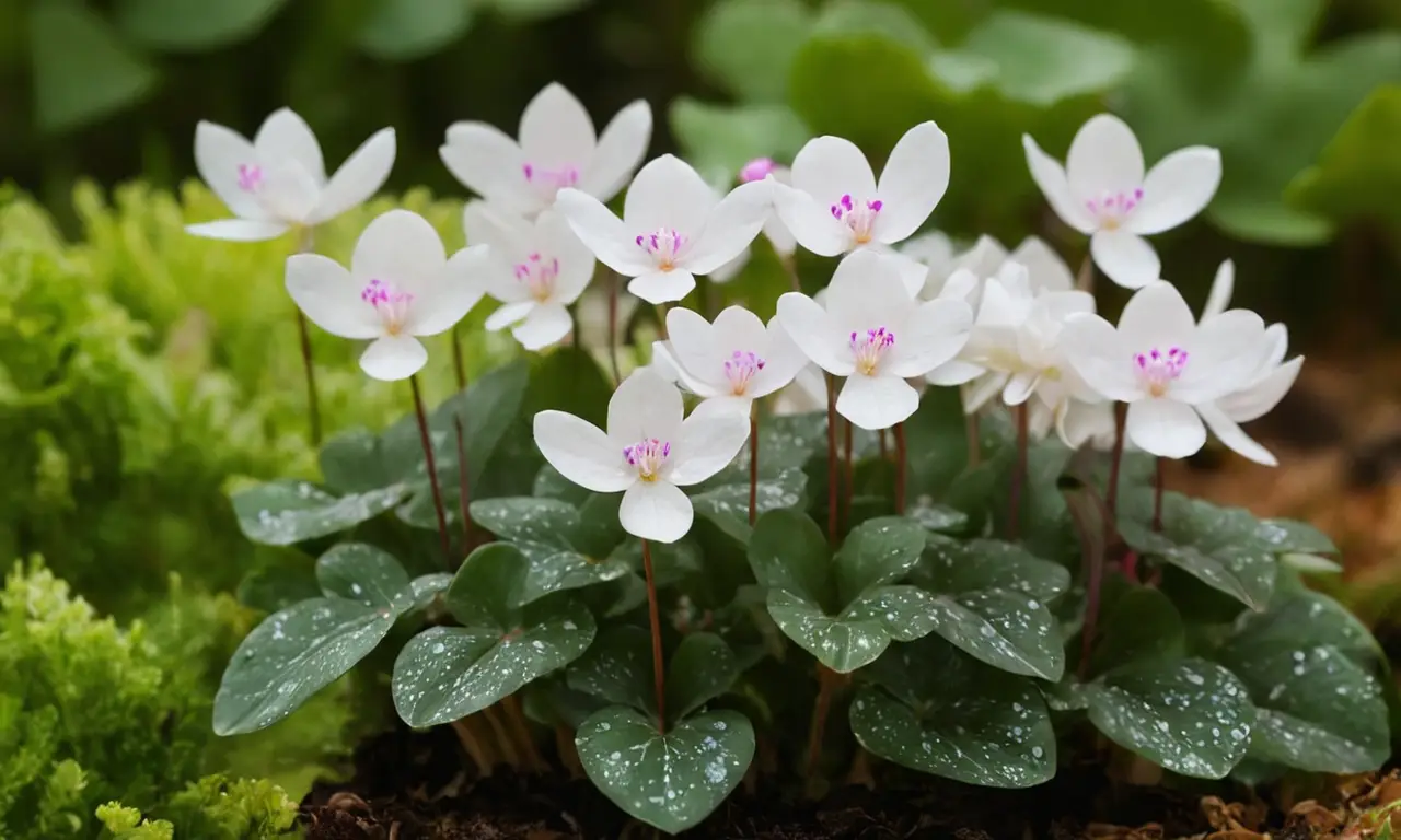Flores de ciclamen blancas entre hojas verdes