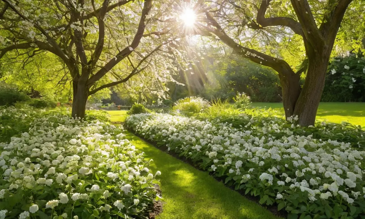 Jardín sereno con flores blancas y vida