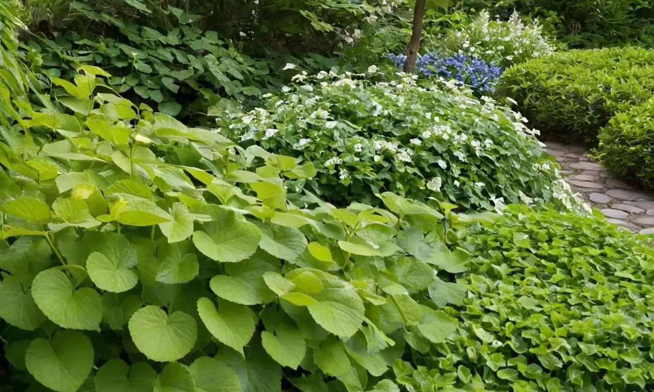 Jardín sereno con follaje vibrante y texturas