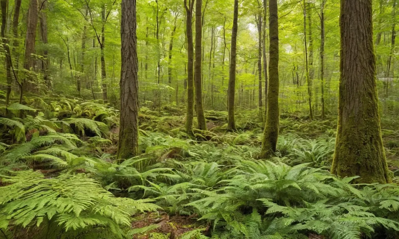 Bosque verde, árboles altos y tranquilidad natural