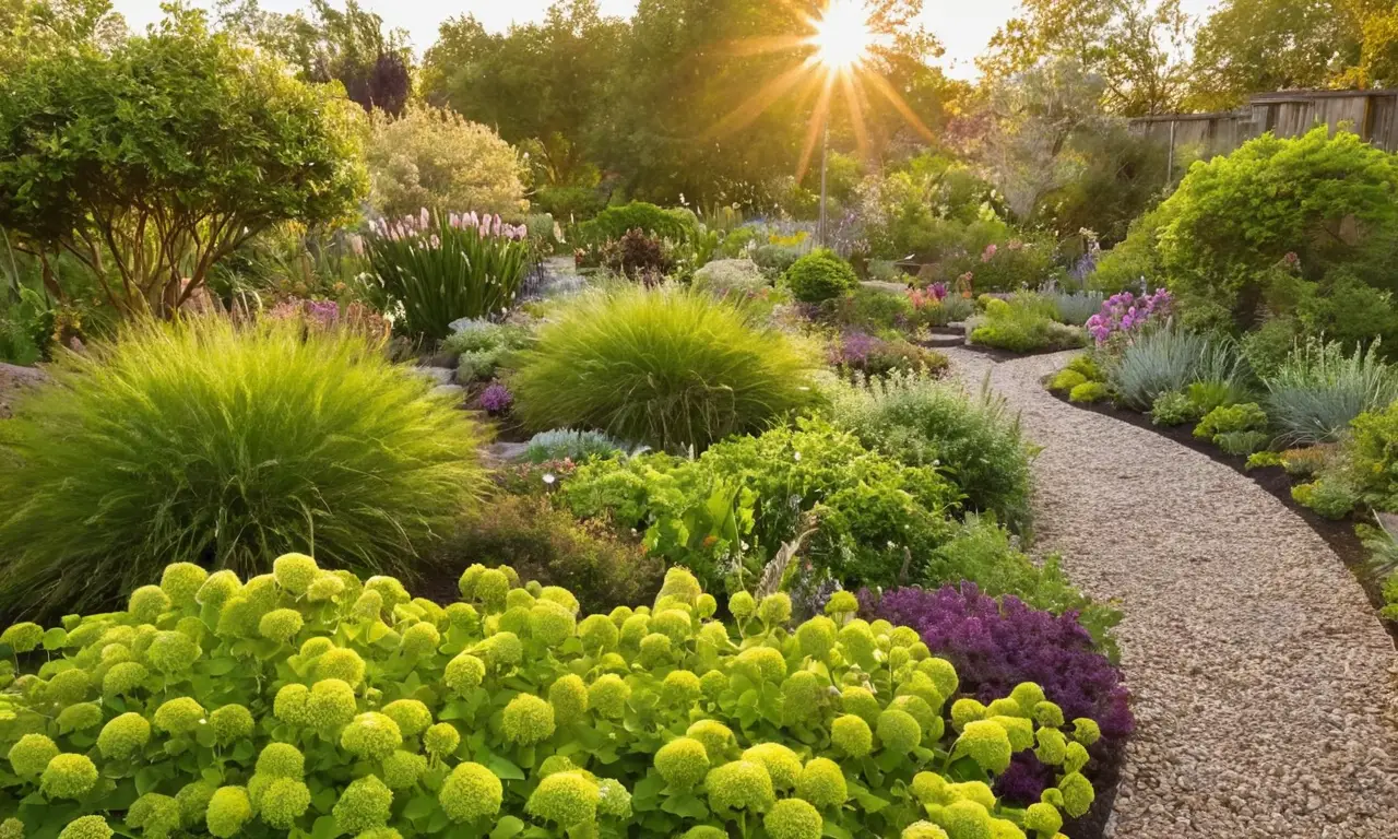 Jardín vibrante con flores y plantas diversas