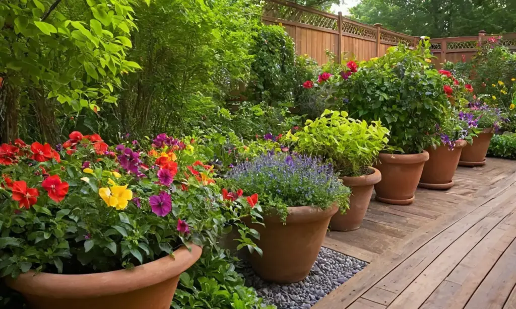 Jardín vibrante con flores en macetas terracota