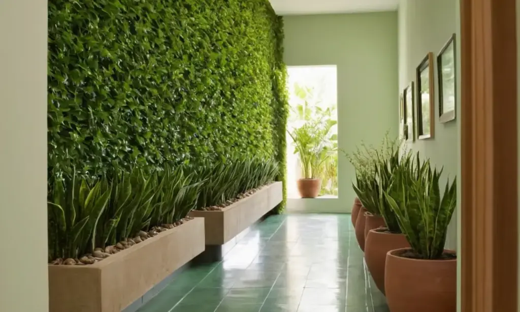 Pasillo iluminado con plantas y tranquilidad