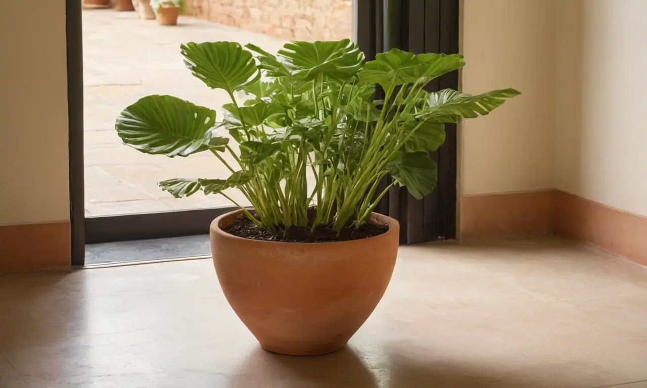 Planta verde en maceta terracota, ambiente sereno