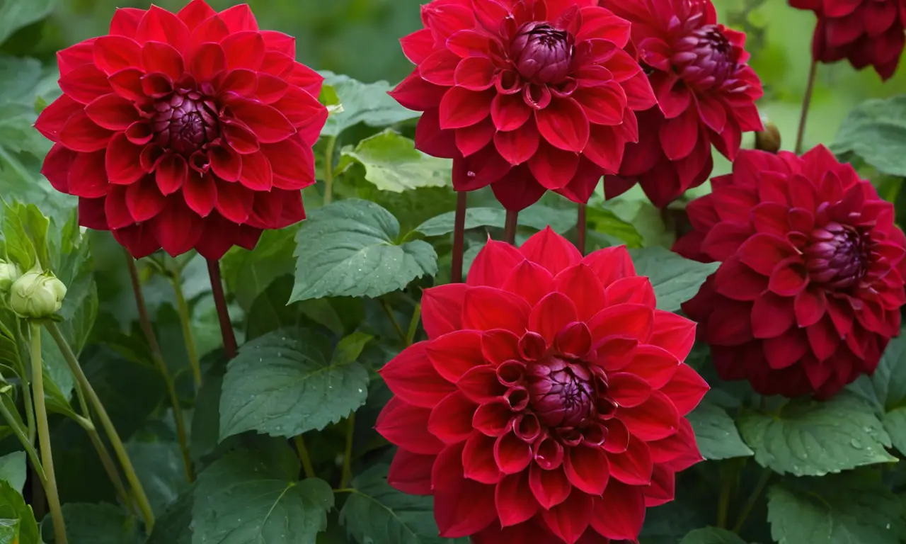 Dahlias rojas brillantes rodeadas de follaje verde