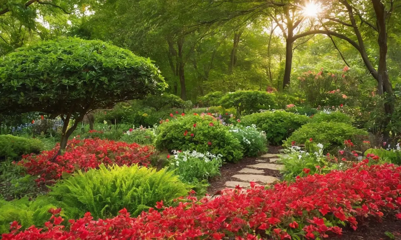 Jardín vibrante con flores, luz y vida