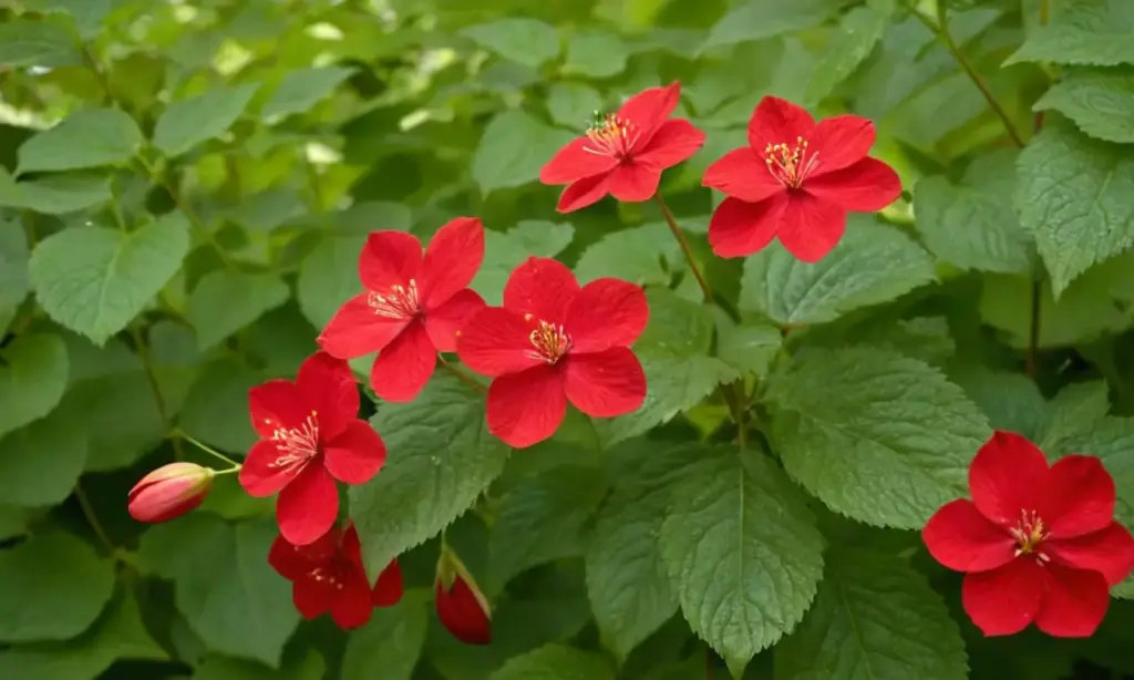 Flores rojas vibrantes entre hojas verdes