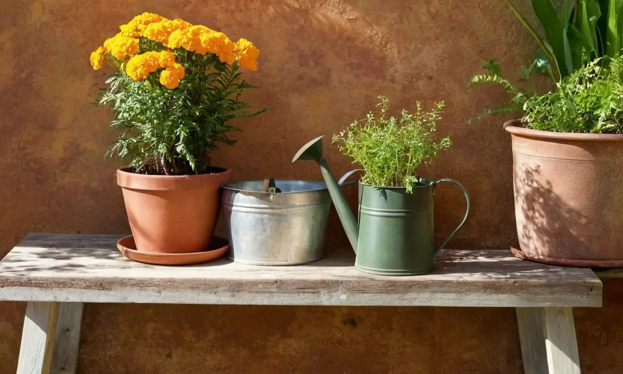 Mesa rústica con plantas y luz cálida