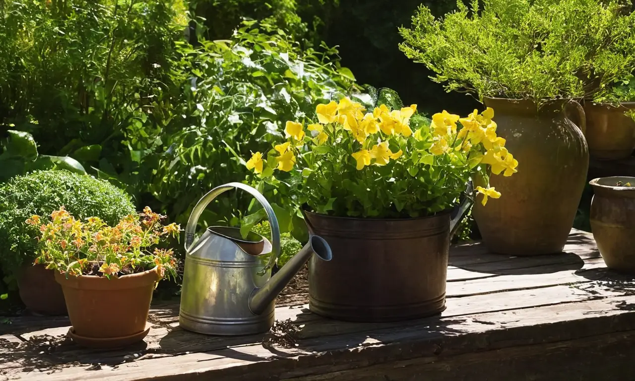Jardín soleado, plantas vibrantes y tranquilo ambiente