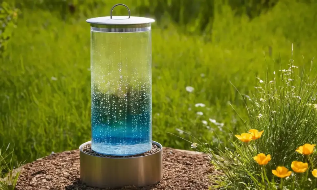 Pluviómetro metálico brilla bajo el cielo