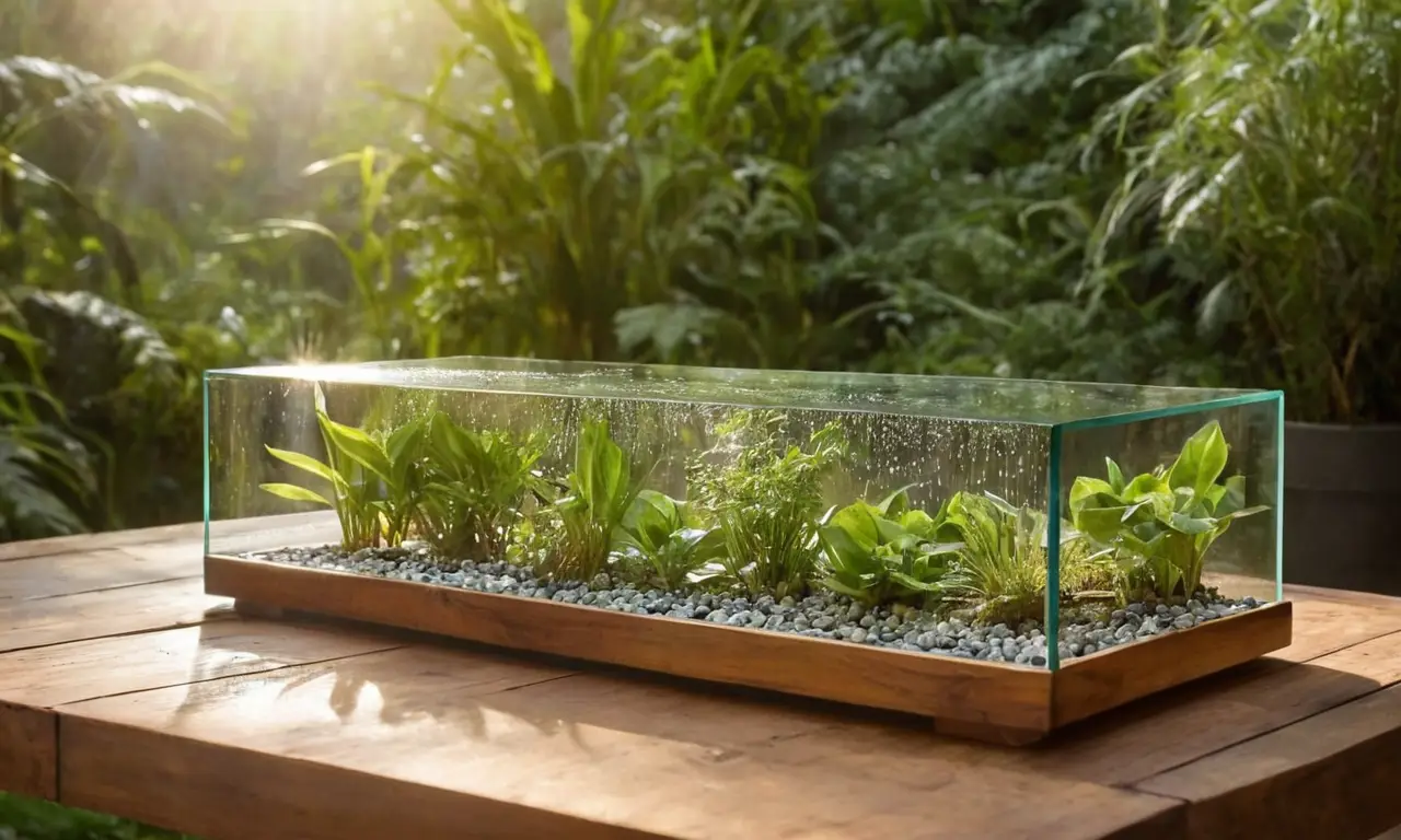 Mesa rústica con pluviómetros y luz natural