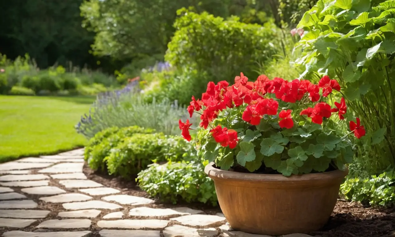 Jardín soleado con geranios vibrantes y tranquilidad