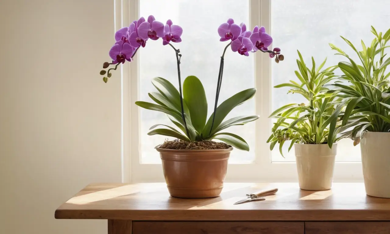 Sala luminosa con orquídea y herramientas
