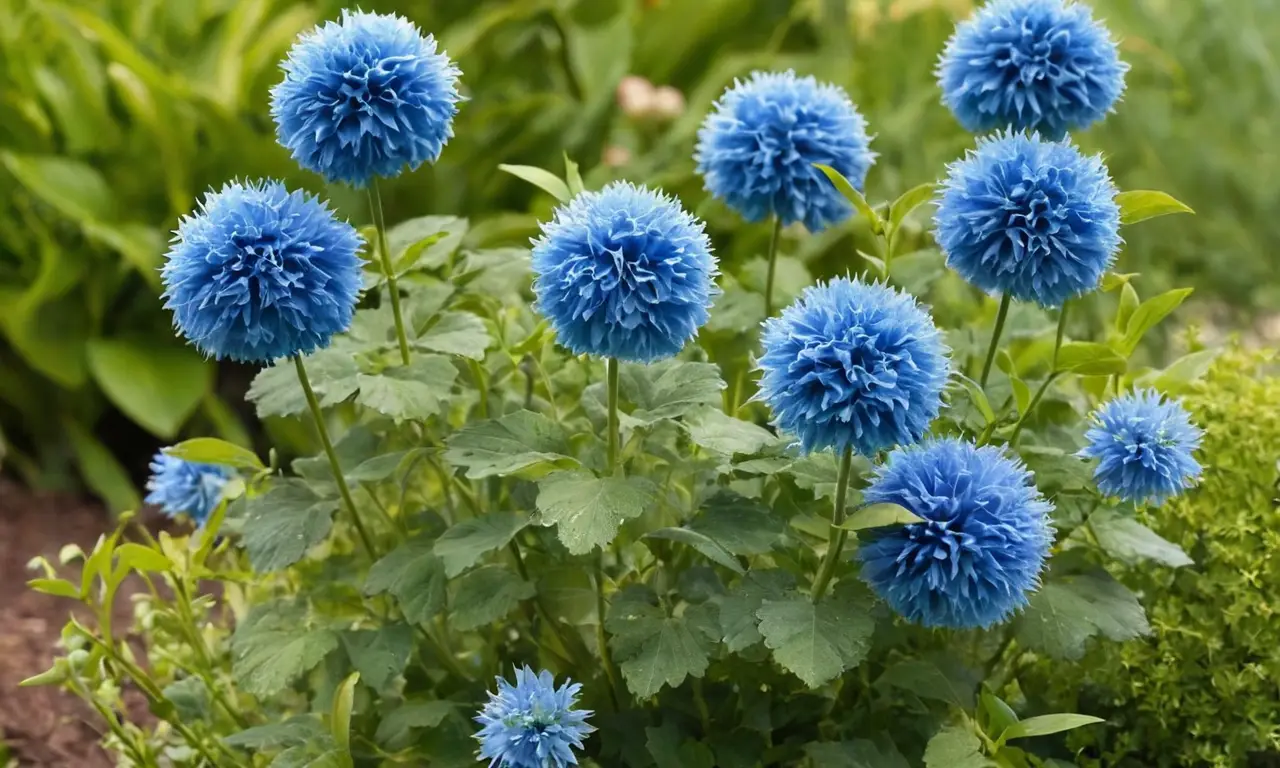 Flores azules vibrantes con follaje verde abundante