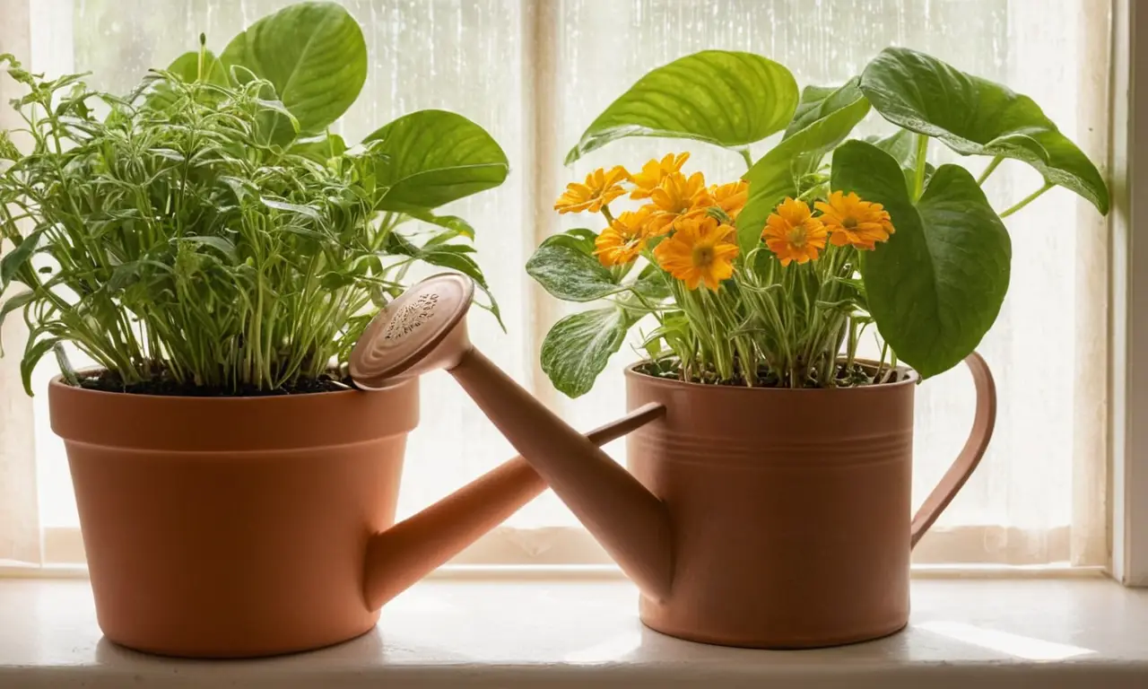 Plantas saludables en un alféizar iluminado