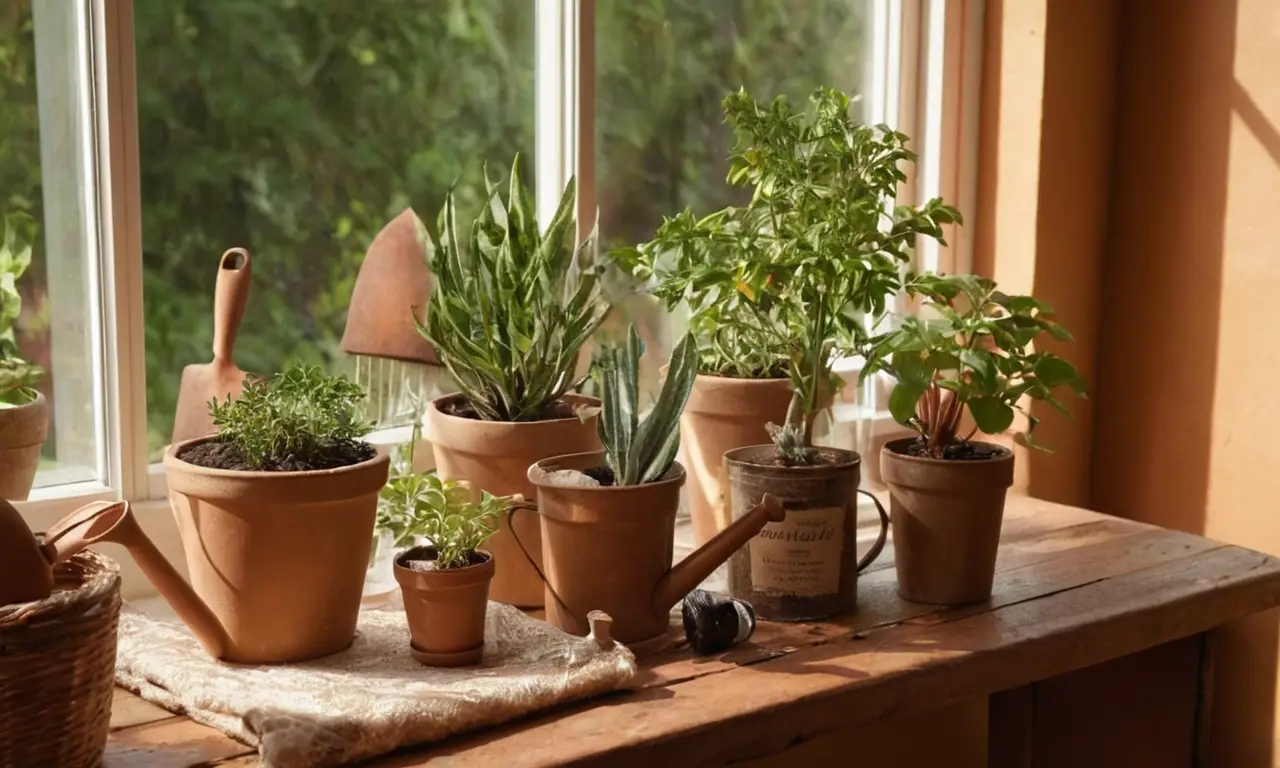 Mesa rústica con productos para plantas