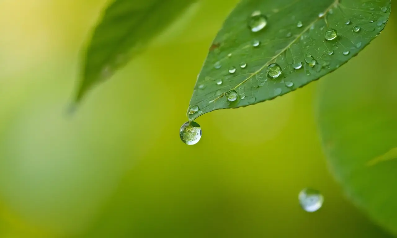 Gotas de agua brillando entre hojas verdes