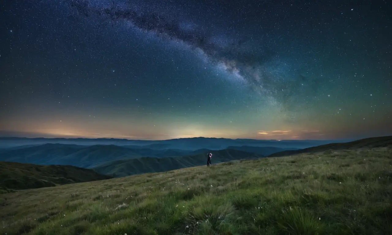 Noche estrellada con exploradores y asombro