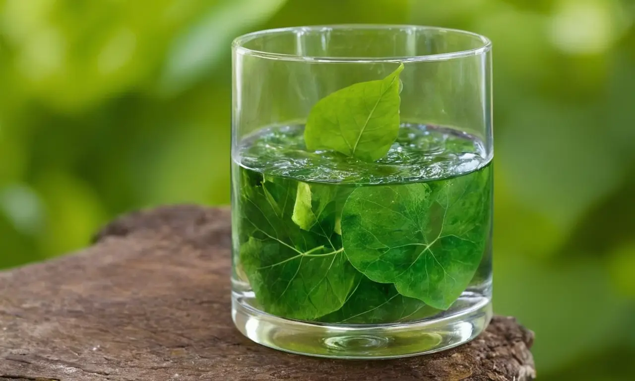 Hojas verdes brillantes y agua cristalina