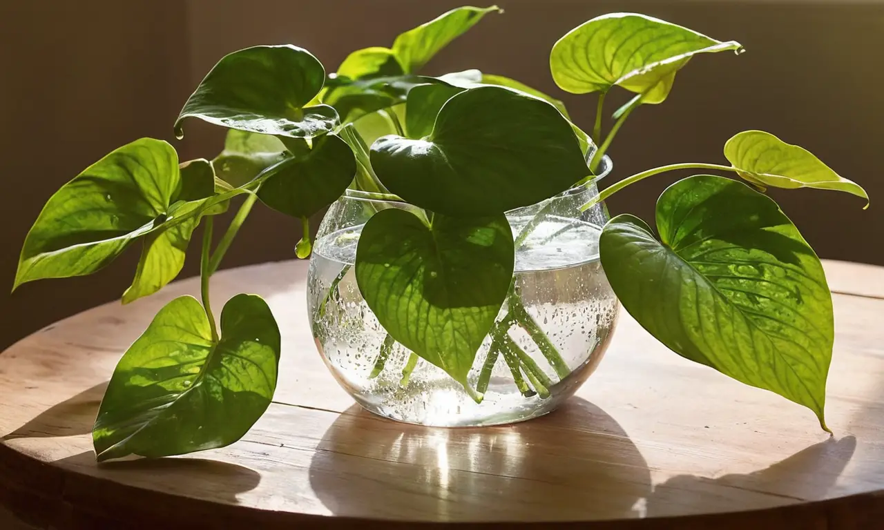 Hojas de pothos brillantes en agua