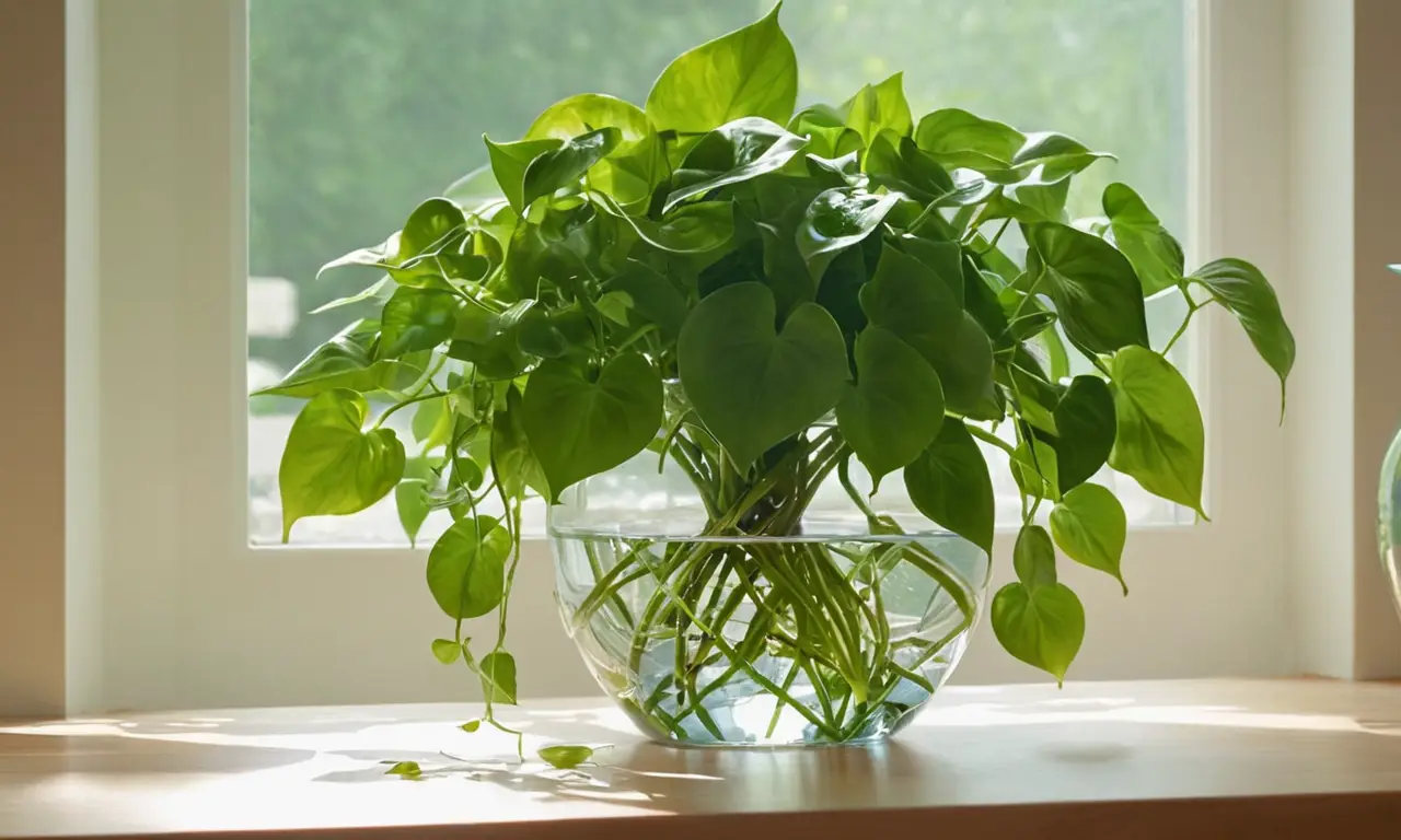 Jarrón claro con agua y plantas verdes