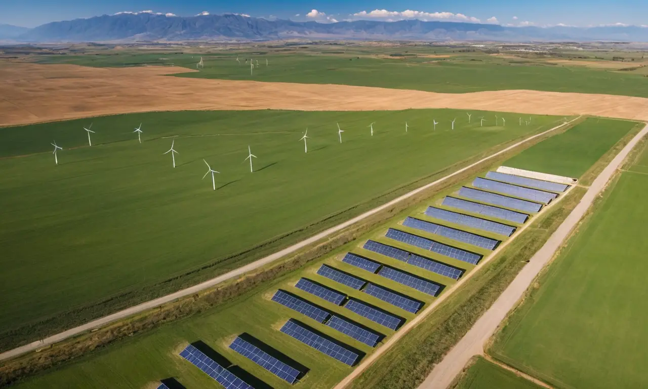 Campo solar con montañas y turbinas girando