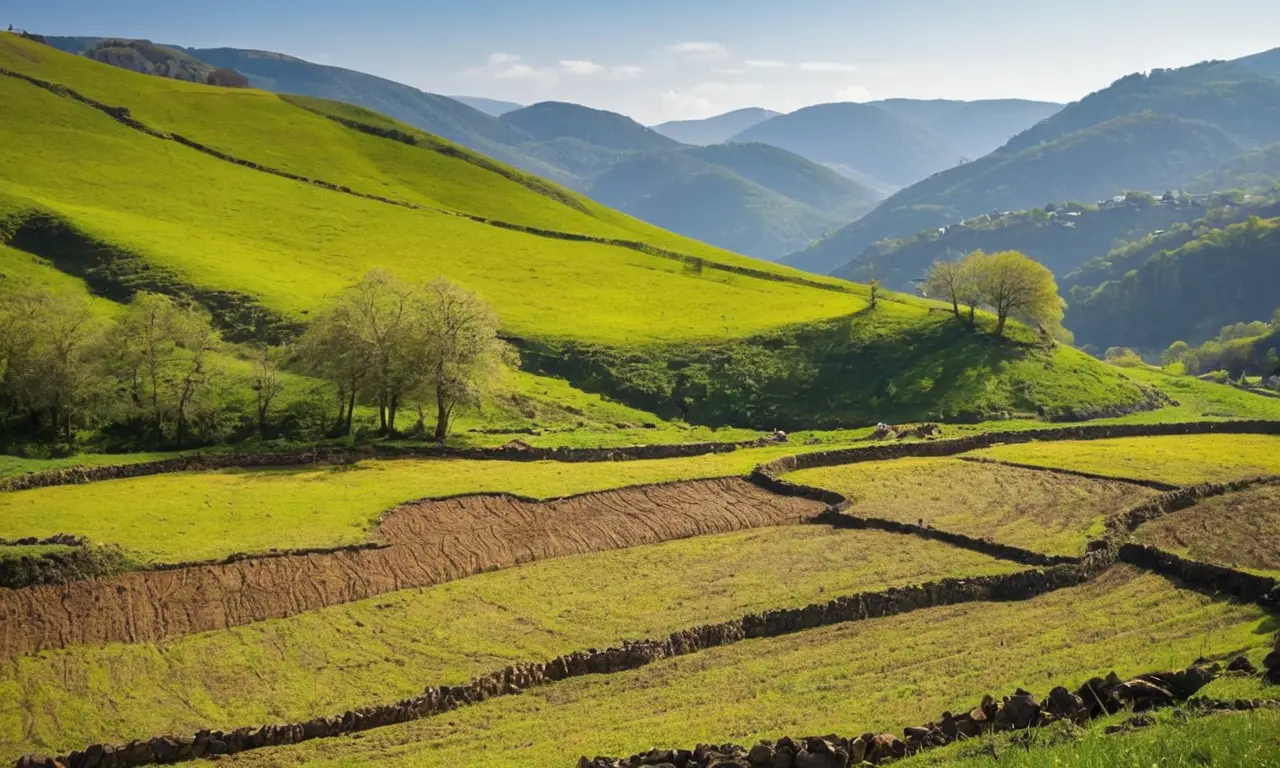 Paisaje agrícola con esfuerzo humano y naturaleza
