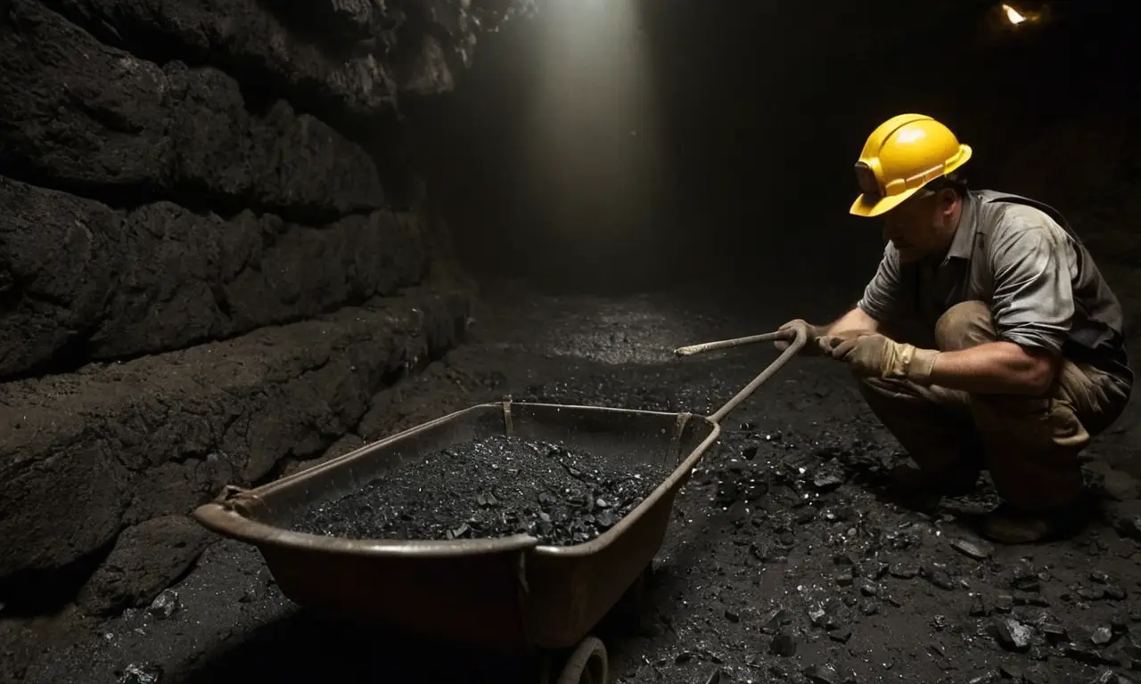 Minero trabaja en oscura y polvorienta mina