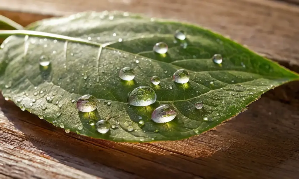 Hoja verde brillante con gotas y luz suave