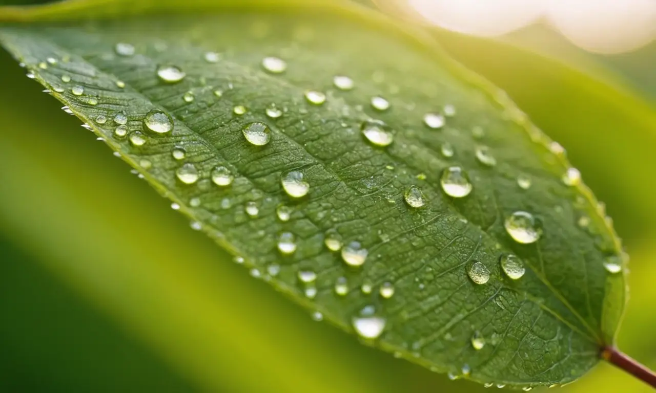 Hoja verde con gotas y luz suave