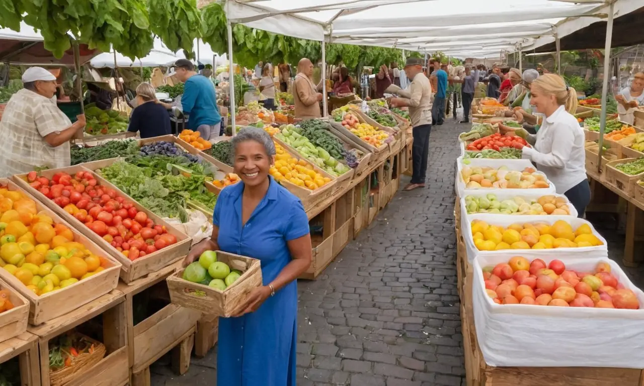 Mercado vibrante y sostenible con productos frescos