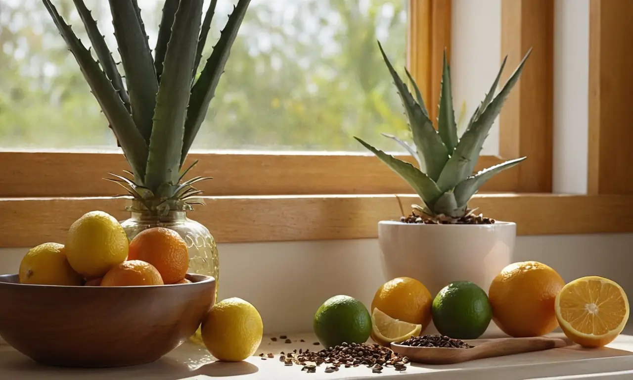 Cocina iluminada con ingredientes naturales ordenados