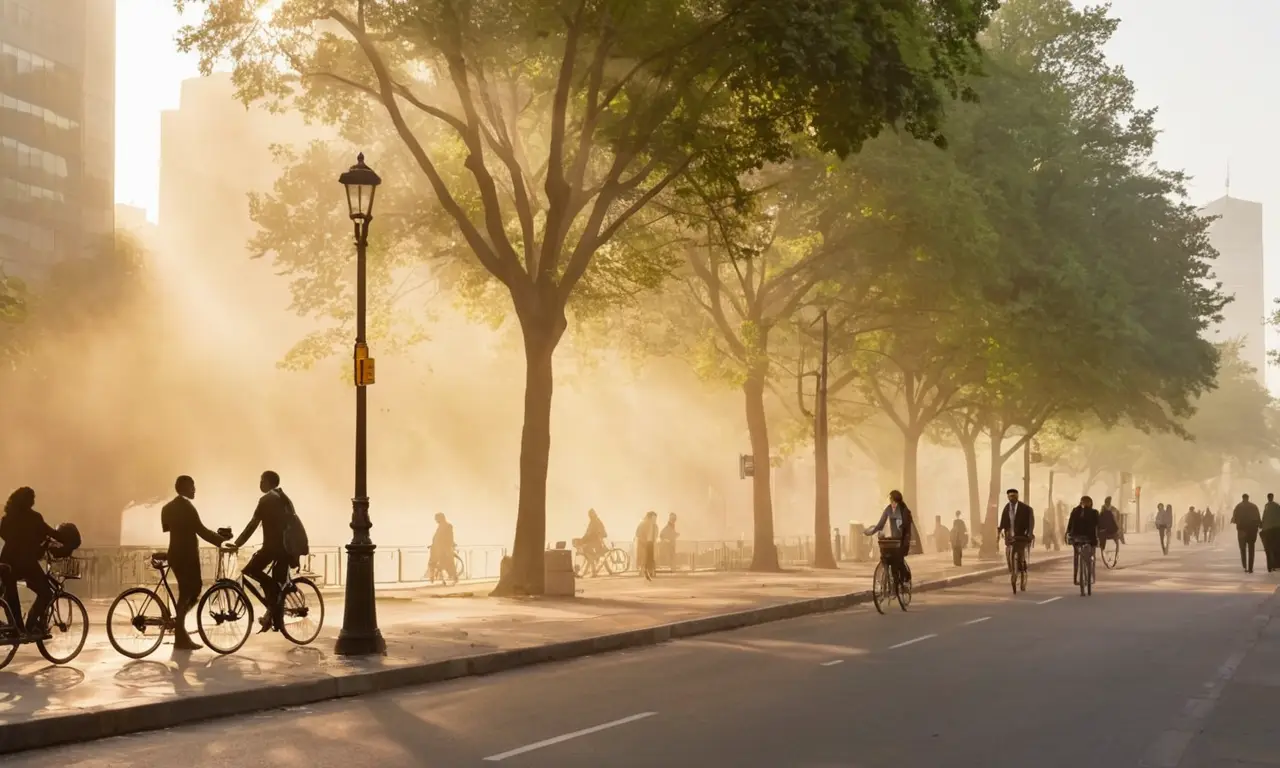 Ciudad vibrante al amanecer, esperanza y movimiento