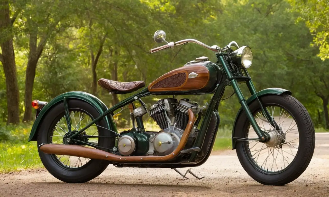 Motocicleta de madera destaca en paisaje tranquilo