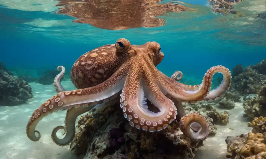 Octopus en coral vibrante y lleno de vida