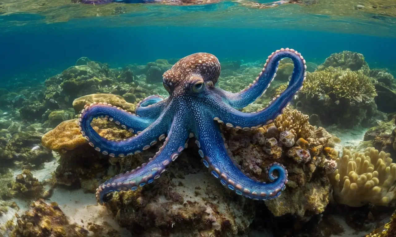Un pulpo azul nada en aguas cristalinas